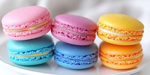 Obraz premium Colorful macarons are a sweet and tasty dessert that delights the senses. These colorful macarons are perfect for any occasion, making them an irresistible treat for dessert lovers.