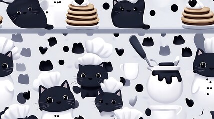 Adorable cats dressed as chefs wearing tiny aprons and hats, flipping pancakes in a colorful kitchen filled with pastel utensils and stacks of desserts, whimsical and cheerful ambiance, hd quality.