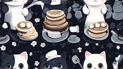 Adorable cats dressed as chefs wearing tiny aprons and hats, flipping pancakes in a colorful kitchen filled with pastel utensils and stacks of desserts, whimsical and cheerful ambiance, hd quality.