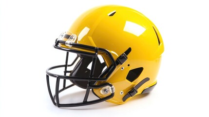 Yellow American football helmet with black facemask, isolated on white background.
