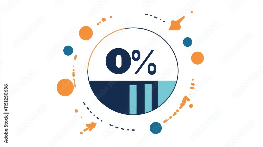 Poster colorful infographic representation showcasing a 0% value with dynamic elements around it.