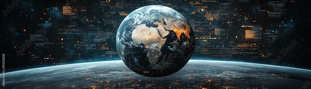 Poster earth globe displayed against a techdriven background of global networks, data, and information stat