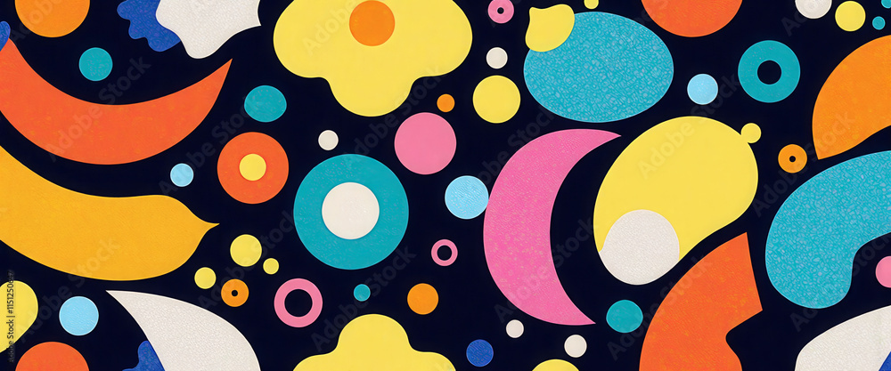 Poster a colorful pattern of shapes and circles. the colors are bright and the shapes are all different siz