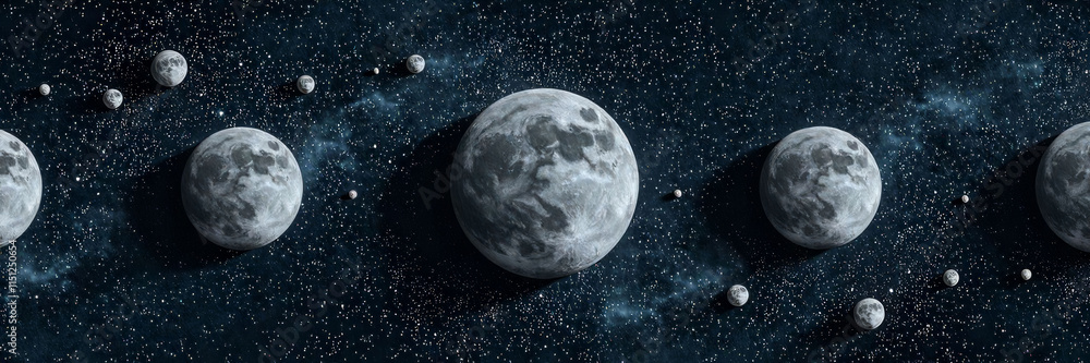 Poster a series of planets are shown in the sky, with the largest one being the moon. the planets are all d