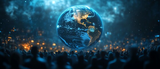 Hologram Earth floating above a crowd of people, set against a digital or technological background, symbolizing global business, communication, and international news