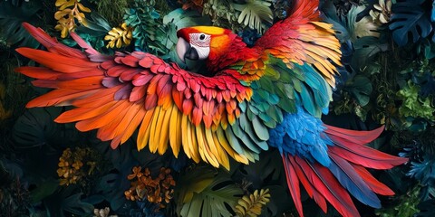 Fototapeta premium A stunning overhead view of a beautiful parrot showcasing its vibrant colors and unique features, emphasizing the beauty of the parrot in its natural surroundings.