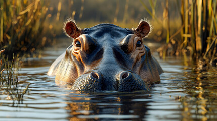 Fototapeta premium A close-up of a hippopotamus swimming through a clear river