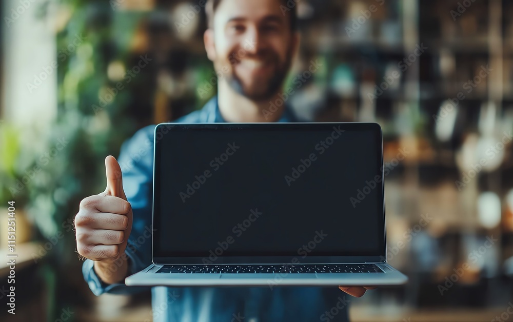 Poster man holding a laptop in one hand while giving a thumbs up, symbolizing efficient computer repair and