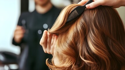 Fototapeta premium A photo of a hairdresser styling a client’s hair in a trendy salon.