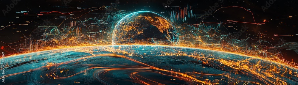 Poster planet earth encircled by streams of data