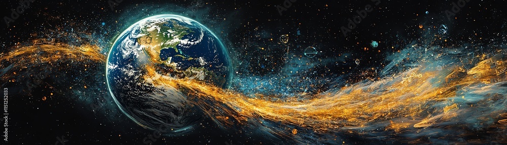 Poster planet earth encircled by streams of data