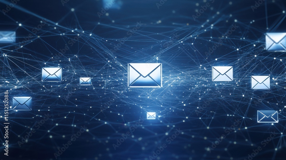Poster an abstract digital network of email icons connecting through glowing lines, symbolizing communicati