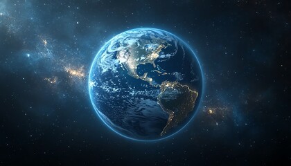 Planet Earth glowing on a digital background of global networks