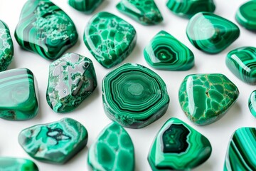 Polished malachite gemstones with beautiful concentric bands and vivid green color are displayed on a white background