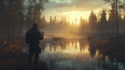 Solitary figure observing tranquil sunrise over misty lake in autumnal forest.
