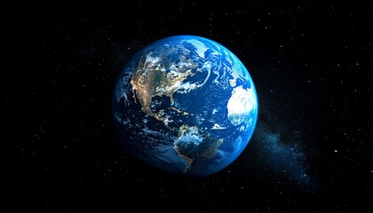 Planet Earth illuminated against a background of world data, digital information, and statistics, with ample copy space for text or branding