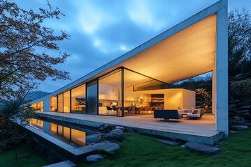 Fototapeta premium Modern minimalist house with pool at dusk. Concept of contemporary architecture, luxury, and relaxation.