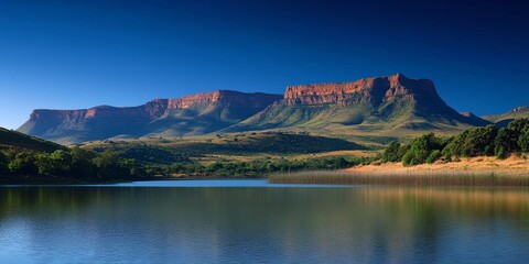 Fototapeta premium The Magaliesberg Mountain Range majestically rises over the serene waters of the dam, showcasing the breathtaking beauty of the Magaliesberg and its stunning natural surroundings.