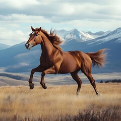 Fototapeta premium A photo of a horse galloping freely in an open pasture with mountains in the background.