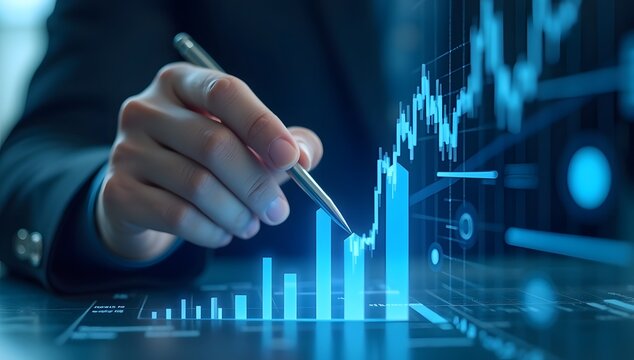 Financial growth and data analytics concept. A professional hand showcasing a graph for corporate performance and strategy