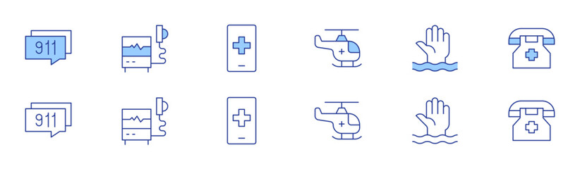 Emergency icon set in two styles, Duotone and Thin Line style. Editable stroke. Frame, ambulance, defibrillator, drowning, emergency, emergency number