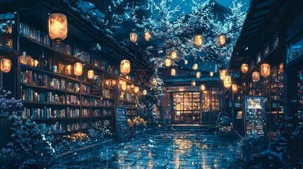 Fototapeta premium Enchanting night scene in a cozy bookstore alley with glowing lanterns.