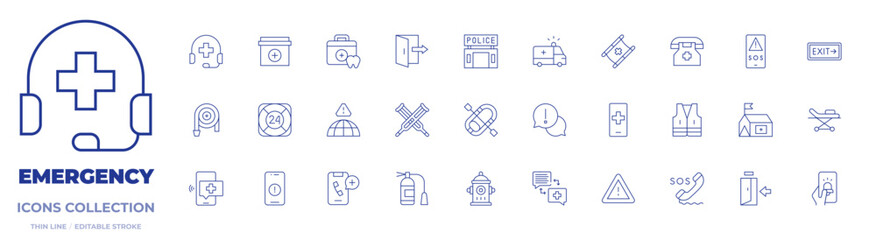Emergency icons collection. Thin Line icons, editable stroke. alert, crutches, dentist, emergency, inflatable boat, police station, fire hose, first aid kit, maritime rescue, phone call