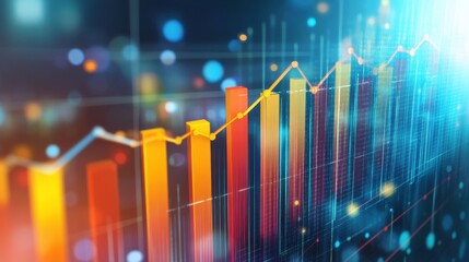 Vibrant bar graph representing growth trends with multicolored data points and a futuristic backdrop.