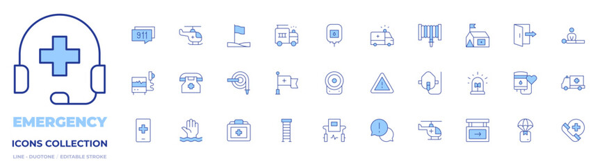 Emergency icons collection. Line Duotone style, editable stroke. defibrillator, drowning, emergency, emergency number, fire hose, medical kit, helicopter, oxygen mask, ladder, red cross, alarm