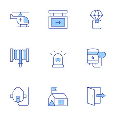Emergency icons set. Line Duotone style, editable stroke. blood donation, delivery box, exit, fire hose, helicopter, oxygen mask, siren, tent, emergency