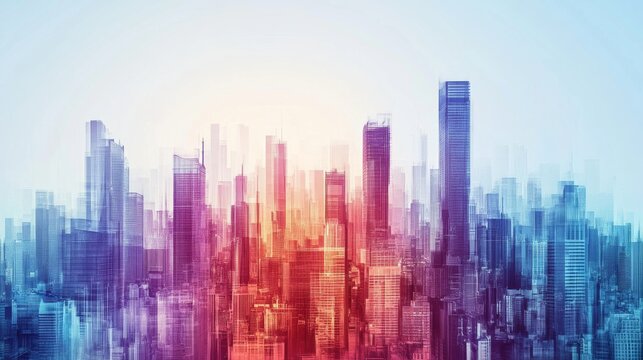 Futuristic abstract city skyline illustration showcasing contemporary urban architecture with modern metropolitan buildings, featuring innovative design elements, vibrant colors, and cutting-edge engi