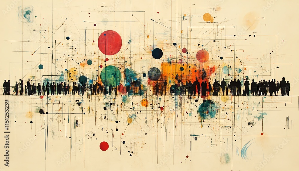 Aufkleber a complex, interconnected web of people and machines, visualizing the interconnectedness of modern t