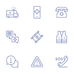 Emergency icons set. Thin Line style, editable stroke. emergency, emergency number, ambulance, chat, stretcher, vest, sos
