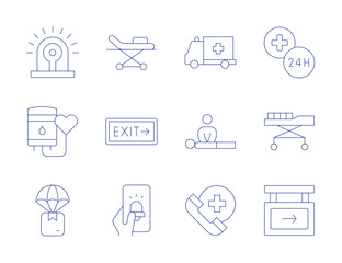 Emergency icons. Thin Line style, editable stroke. stretcher, exit, alarm, ambulance, blood donation, cpr, delivery box, emergency, emergency contact