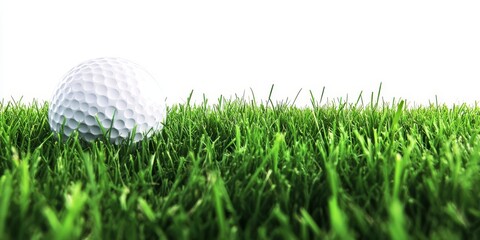 Golf ball resting on vibrant green grass against a clean white background, highlighting the details of the golf ball while showcasing the texture of the green grass. Perfect for sports imagery.