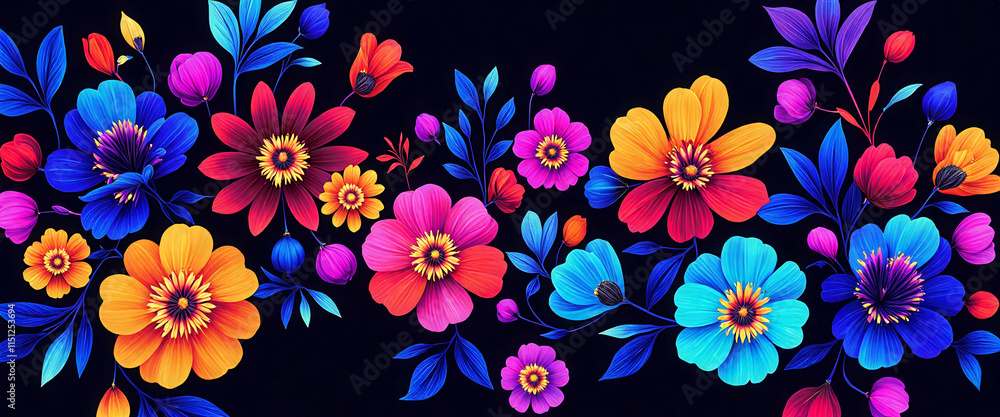 Poster a colorful bouquet of flowers with a blue background. the flowers are in various colors and sizes, a
