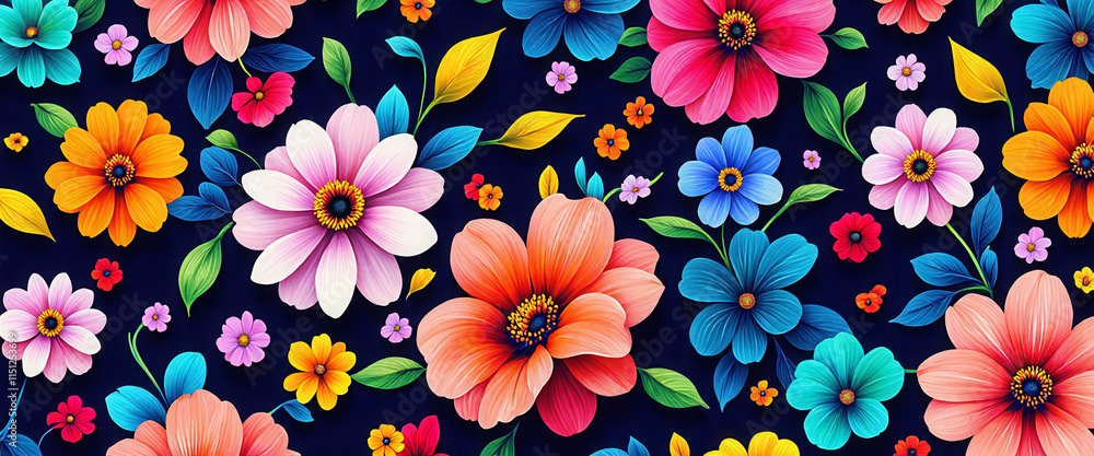 Poster a colorful bouquet of flowers with a blue background. the flowers are in various colors and sizes, a