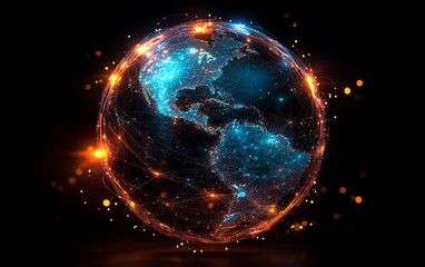 Obraz premium A digitalstyle globe with vibrant blue and orange lighting, encased in a network of shimmering lines representing global networks