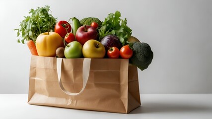 Healthy food background. Healthy food in paper bag vegetables and fruits on white. Food delivery, shopping food supermarket concept