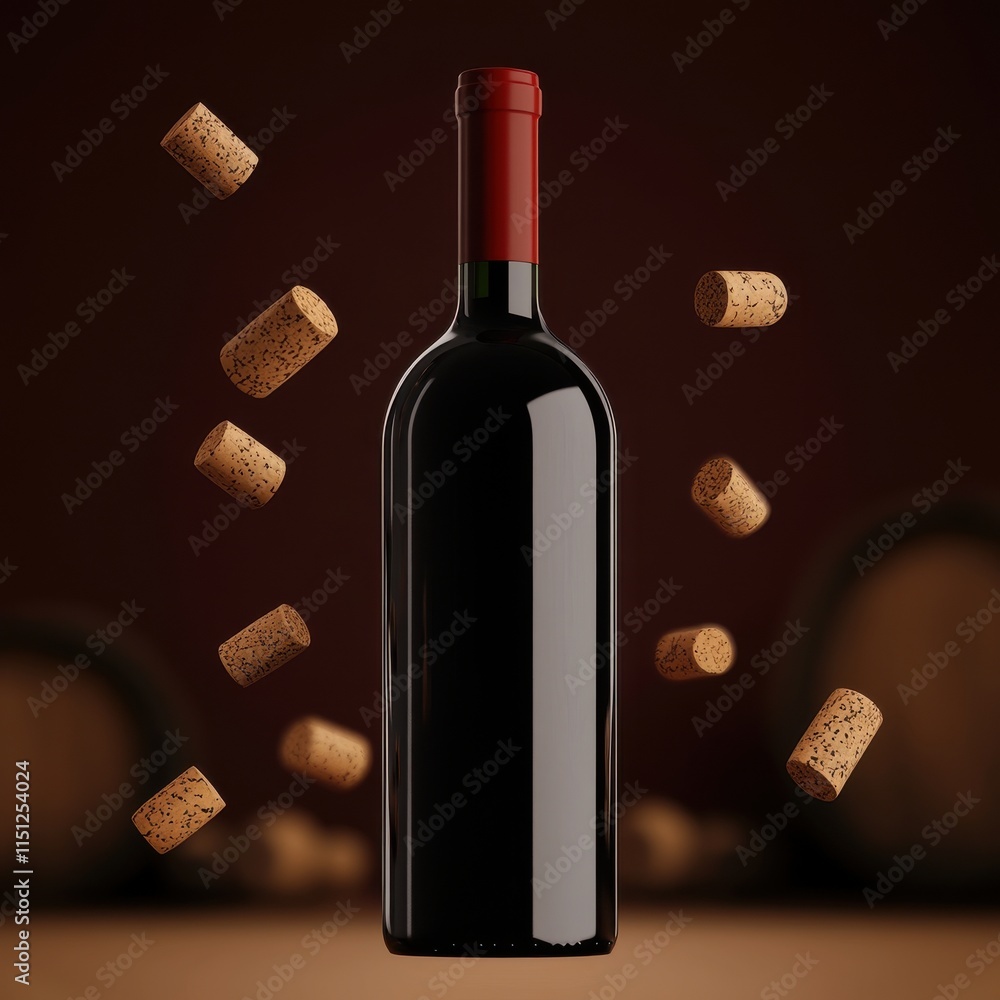 Poster an elegant red wine bottle surrounded by floating corks, creating a sophisticated atmosphere in a wa
