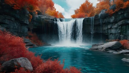 Serene Autumn Waterfall: Vibrant Foliage and Natural Beauty