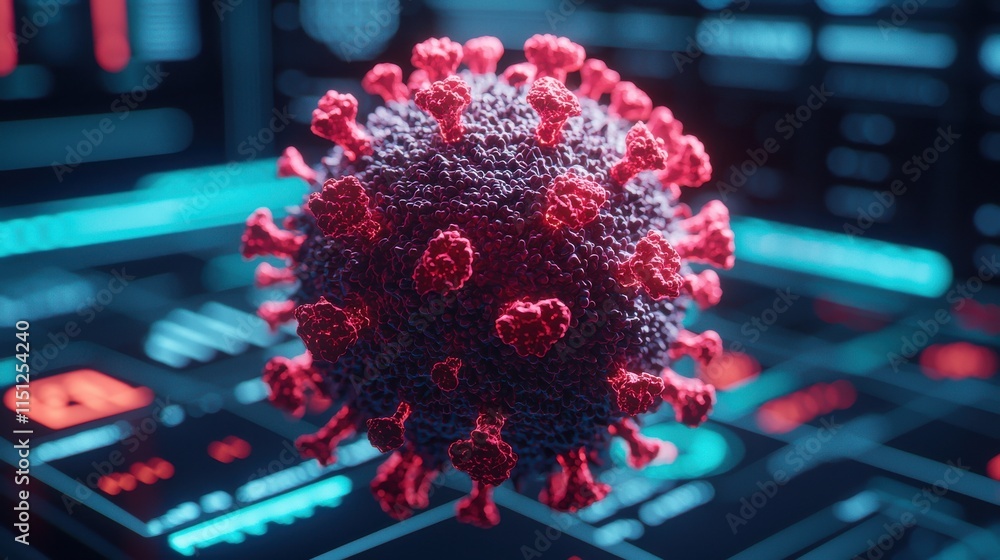 Poster a colorful 3d rendering of a virus, showcasing its structure with spikes, set against a digital back