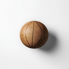 Overhead view of a small, light brown sphere with dark brown lines resembling a basketball.
