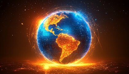 Fototapeta premium A futuristic concept of a globe shining in blue and orange tones, with interconnected lines symbolizing global unity and technology