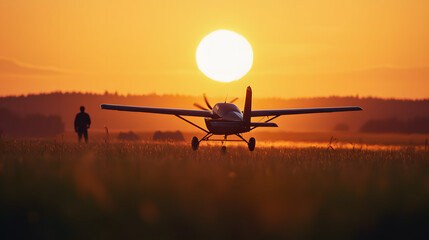 Sunset over a small plane with a person standing on a grassy field at dusk