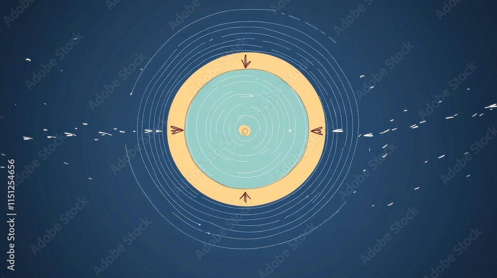 Poster illustration of a circular design with concentric lines and arrows, symbolizing direction and moveme