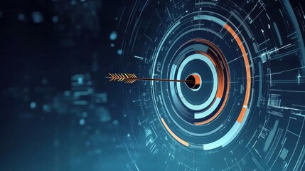 Obraz premium A sleek digital arrow hits the center of a futuristic target, symbolizing precision and accuracy in technology.