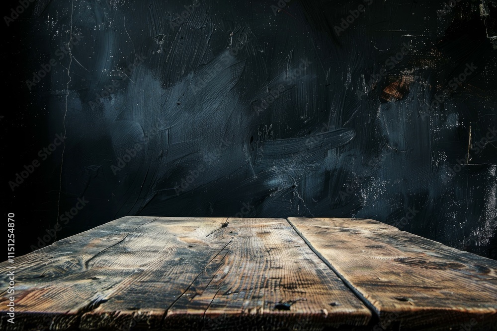 Poster empty rustic wooden table surface with a dark moody abstract background