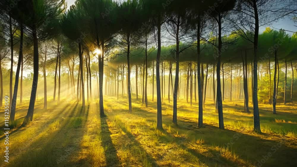 Poster sunlight filters through tall trees in a serene forest at dawn