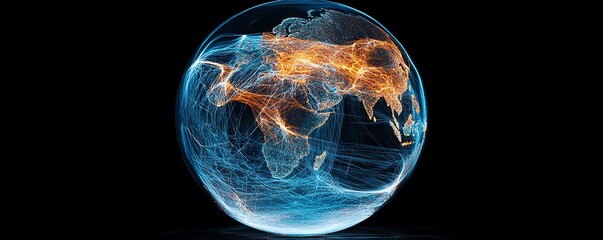 A hightech representation of a globe lit with blue and orange lights, crisscrossed by a web of glowing interconnected lines